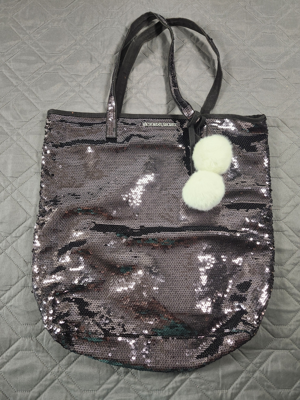 Victoria's Secret black sequin tote bag fluffy white pom-pom charms